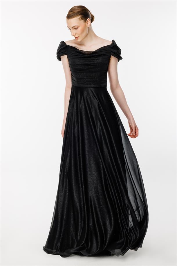 Düşük Omuz Drape Ve Sim Detaylı Uzun Abiye-SİYAH