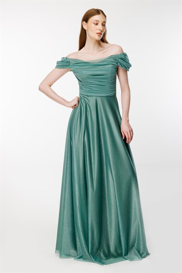 Düşük Omuz Drape Ve Sim Detaylı Uzun Abiye-MINT