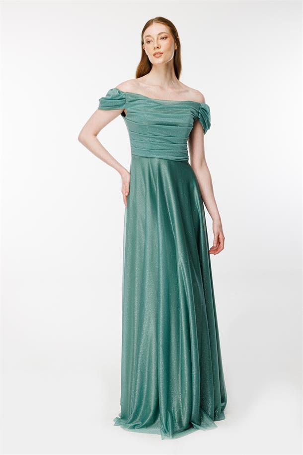 Düşük Omuz Drape Ve Sim Detaylı Uzun Abiye-MINT