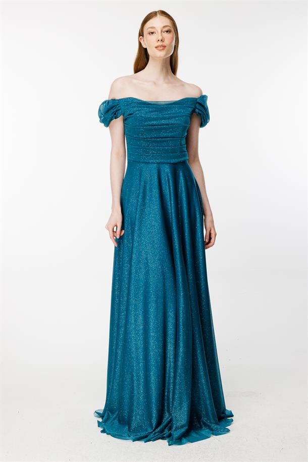 Düşük Omuz Drape Ve Sim Detaylı Uzun Abiye-PETROL