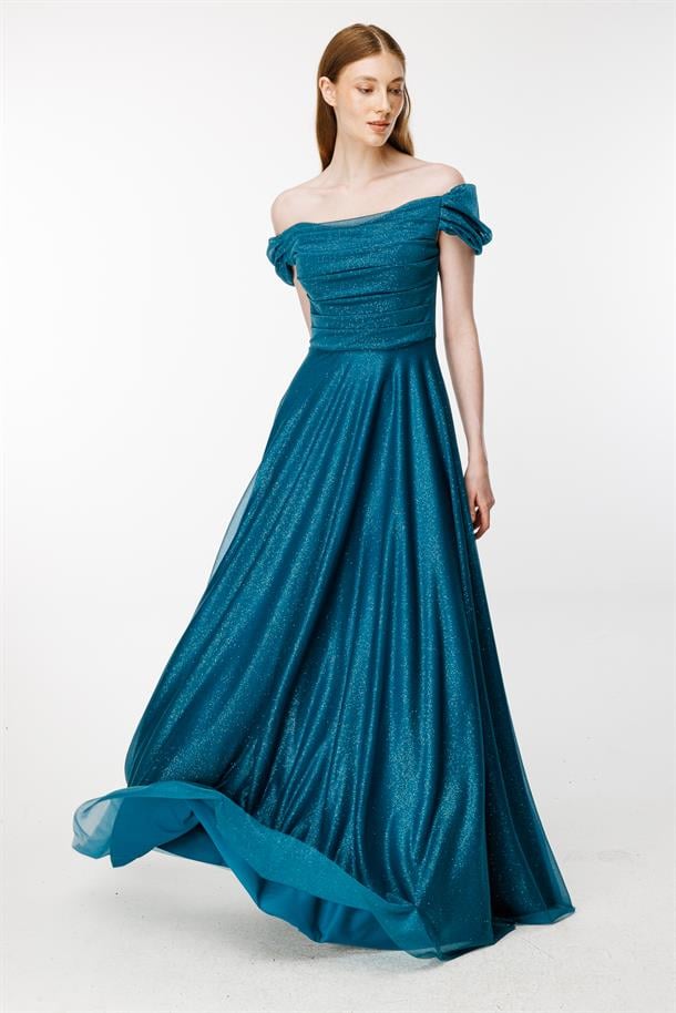 Düşük Omuz Drape Ve Sim Detaylı Uzun Abiye-PETROL