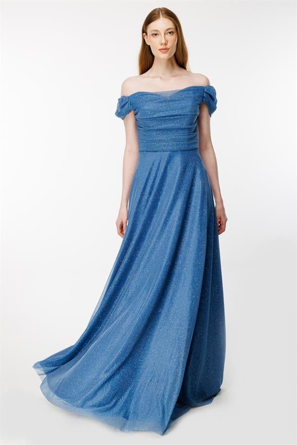 Düşük Omuz Drape Ve Sim Detaylı Uzun Abiye-İNDİGO