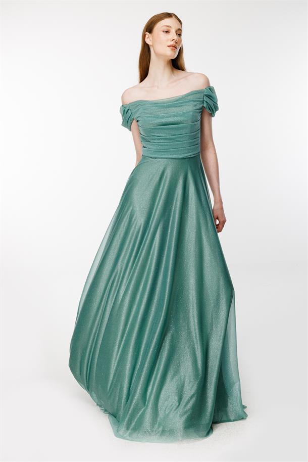 Düşük Omuz Drape Ve Sim Detaylı Uzun Abiye-MINT