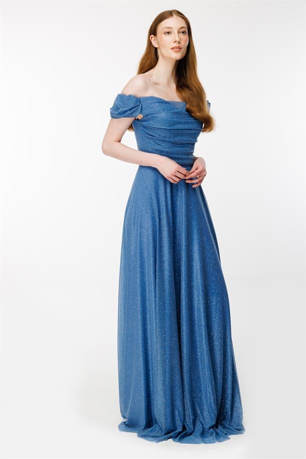 Düşük Omuz Drape Ve Sim Detaylı Uzun Abiye-İNDİGO