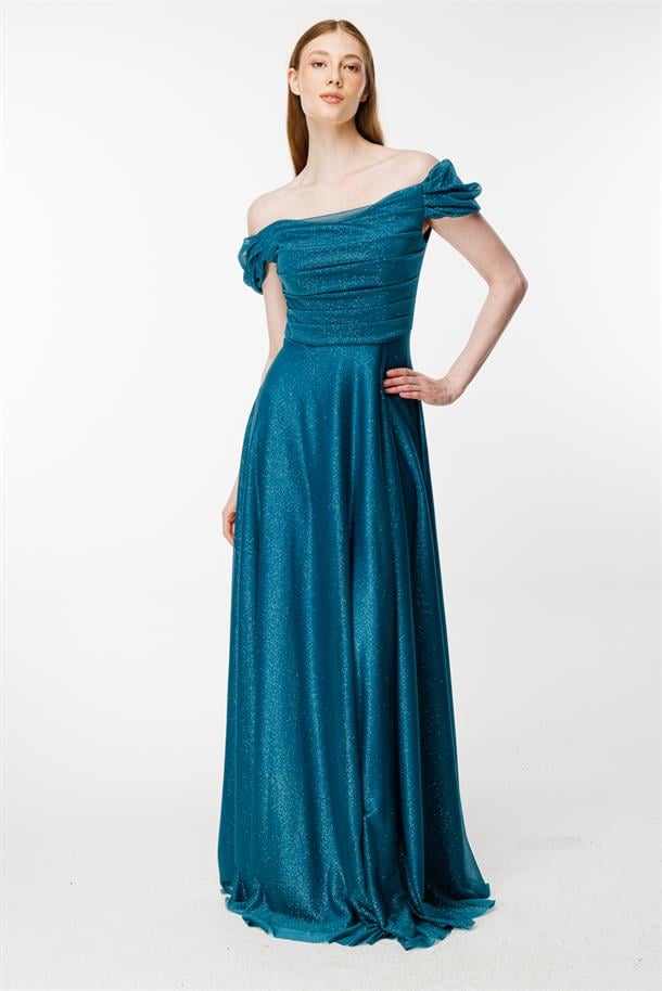 Düşük Omuz Drape Ve Sim Detaylı Uzun Abiye-PETROL