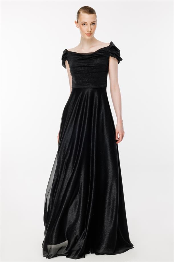 Düşük Omuz Drape Ve Sim Detaylı Uzun Abiye-SİYAH