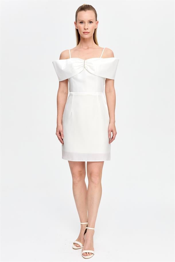 Düşük Omuz Taş Detaylı Kısa Abiye-EKRU