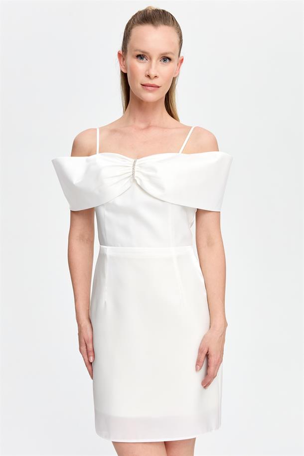 Düşük Omuz Taş Detaylı Kısa Abiye-EKRU