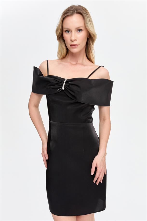 Düşük Omuz Taş Detaylı Kısa Abiye-SİYAH