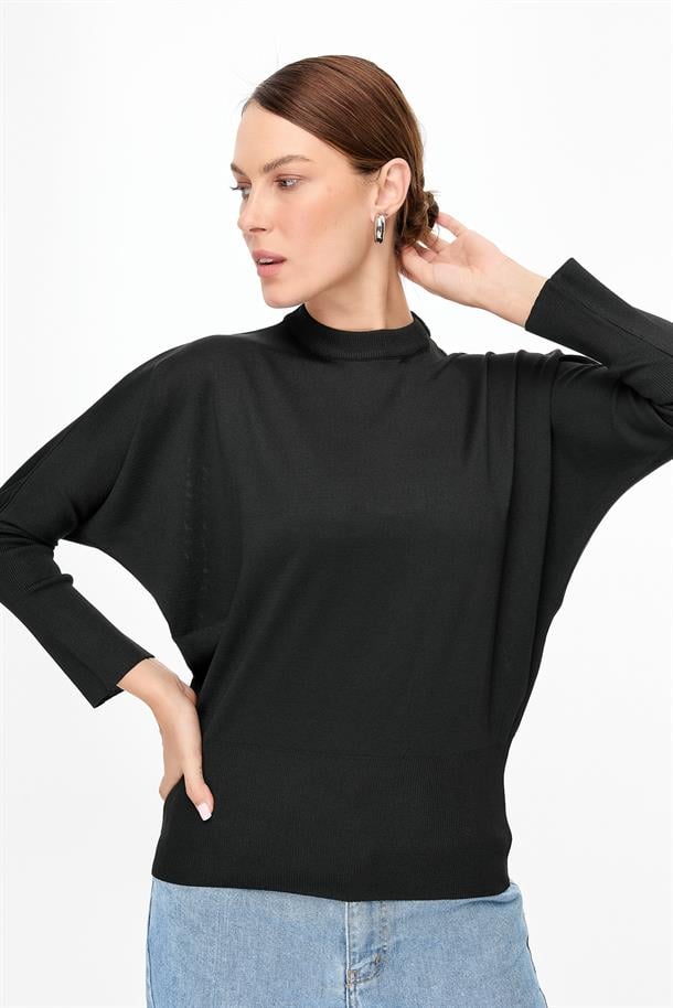 Bisiklet Yaka Yarasa Kol Triko Kazak-SİYAH