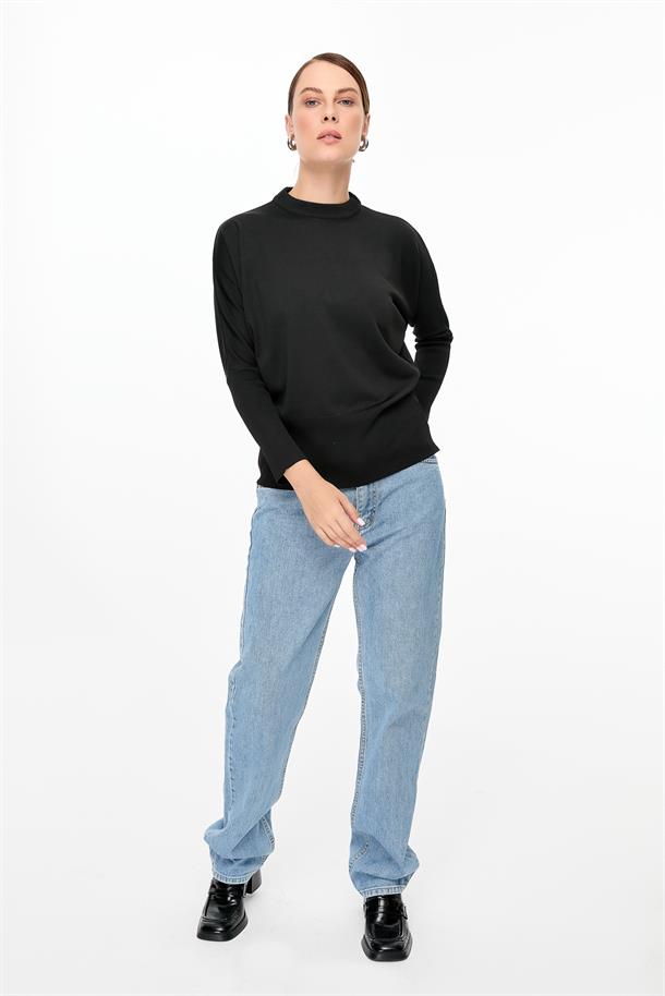 Bisiklet Yaka Yarasa Kol Triko Kazak-SİYAH