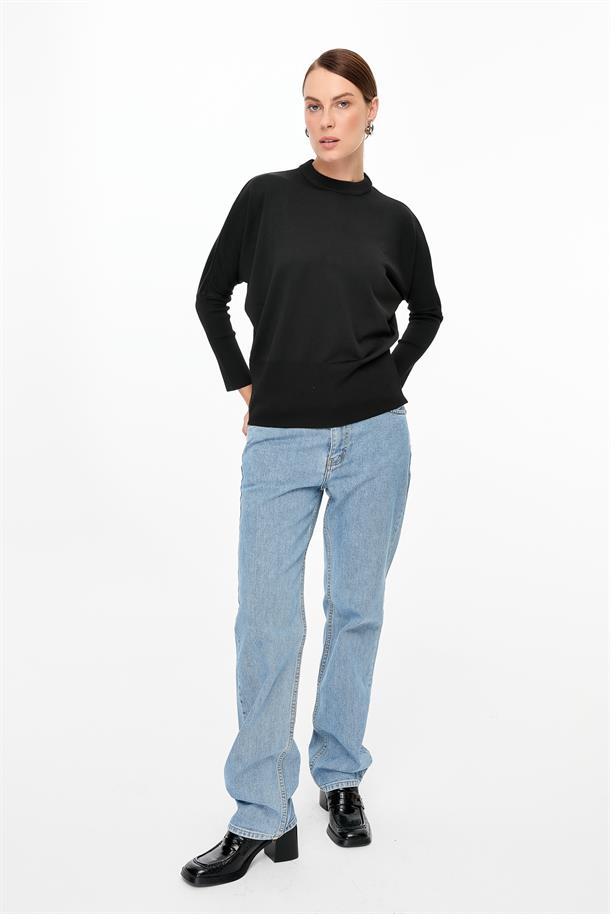 Bisiklet Yaka Yarasa Kol Triko Kazak-SİYAH