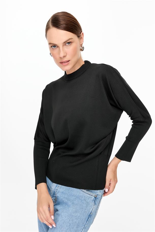 Bisiklet Yaka Yarasa Kol Triko Kazak-SİYAH