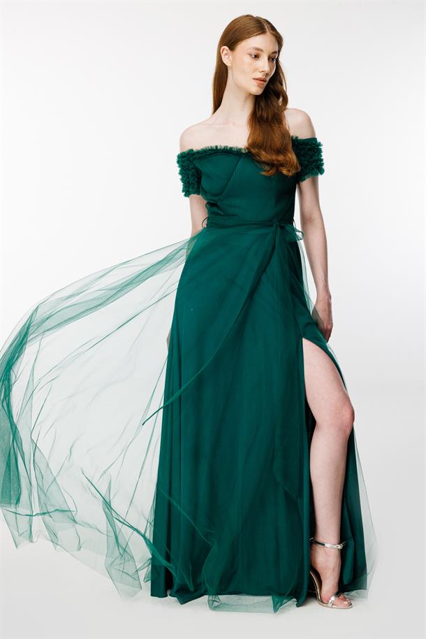 Düşük Omuz Yırtmaçlı Tül Abiye-YEŞİL