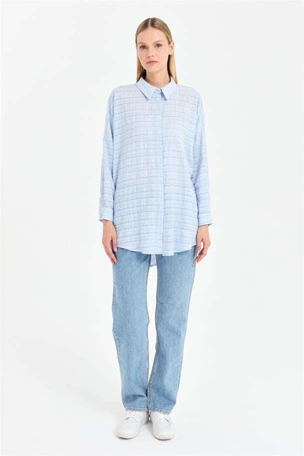 Ekose Coton Rahat Gömlek-MAVİ