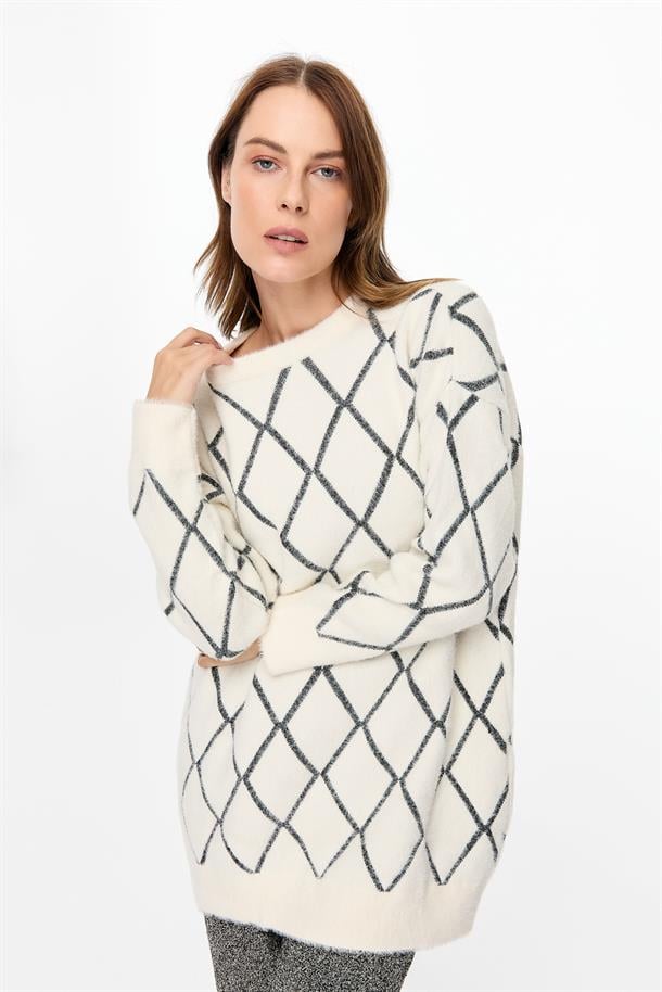 Ekose Desenli Triko Tunik-EKRU