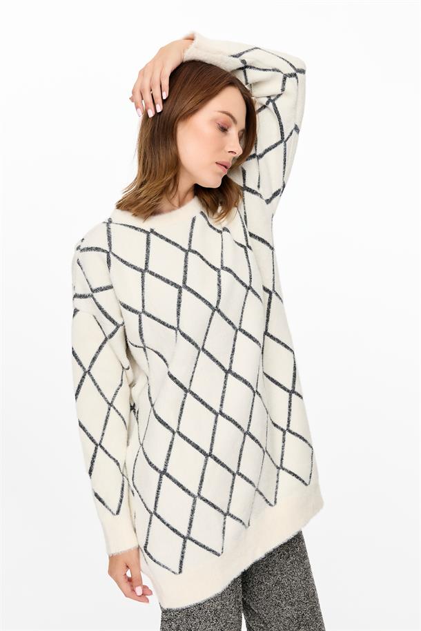 Ekose Desenli Triko Tunik-EKRU