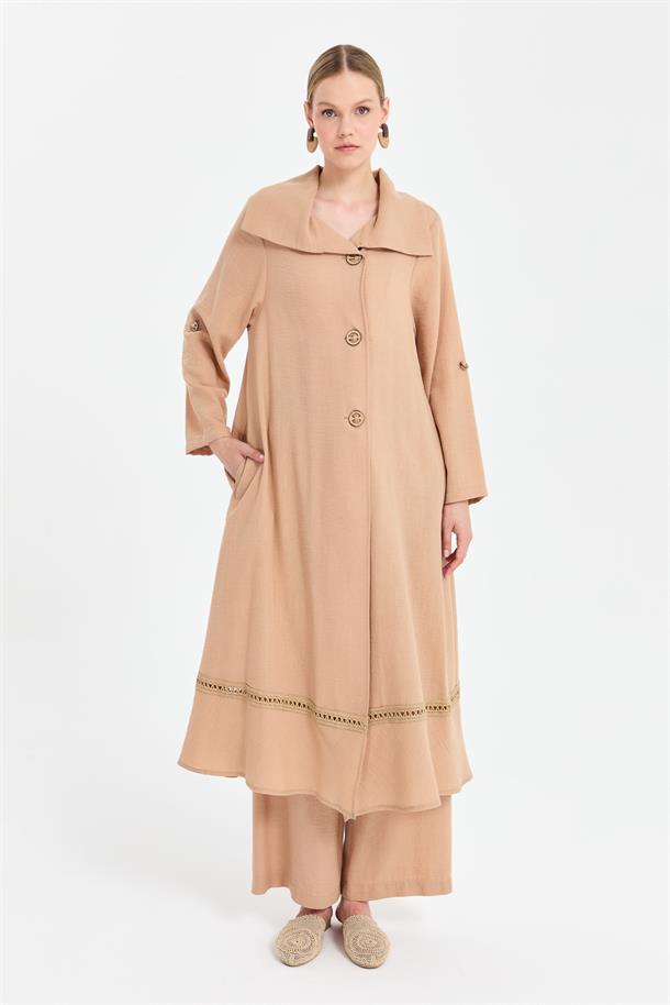 Eteği Detaylı Keten Uzun Ferace-CAMEL