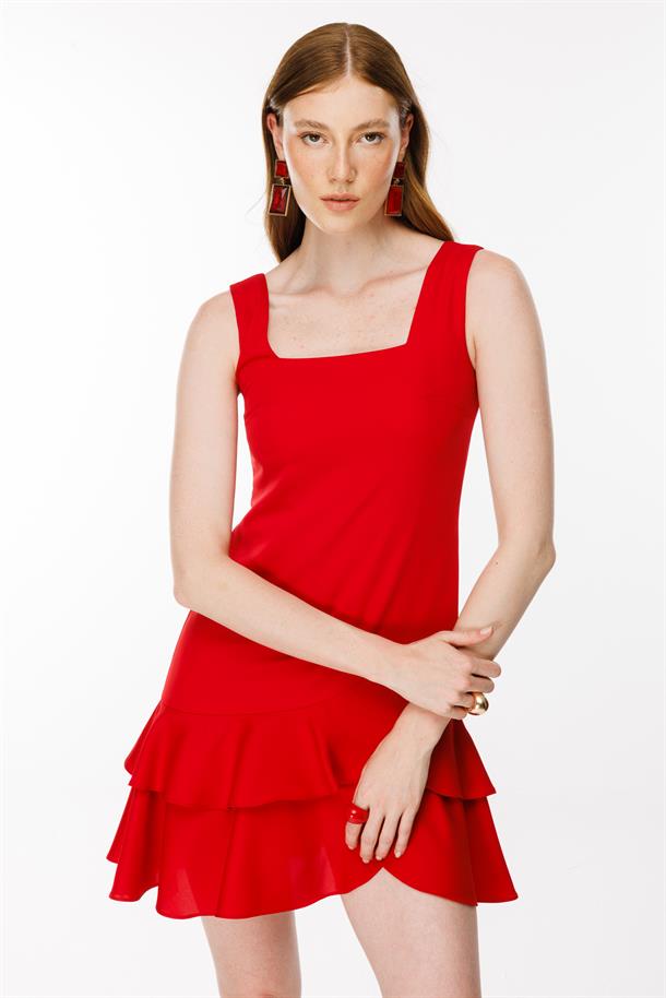 Eteği Volanlı Kısa Elbise-KIRMIZI