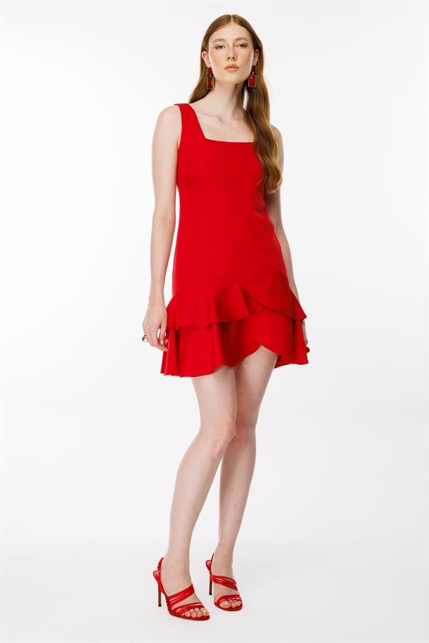 Eteği Volanlı Kısa Elbise-KIRMIZI