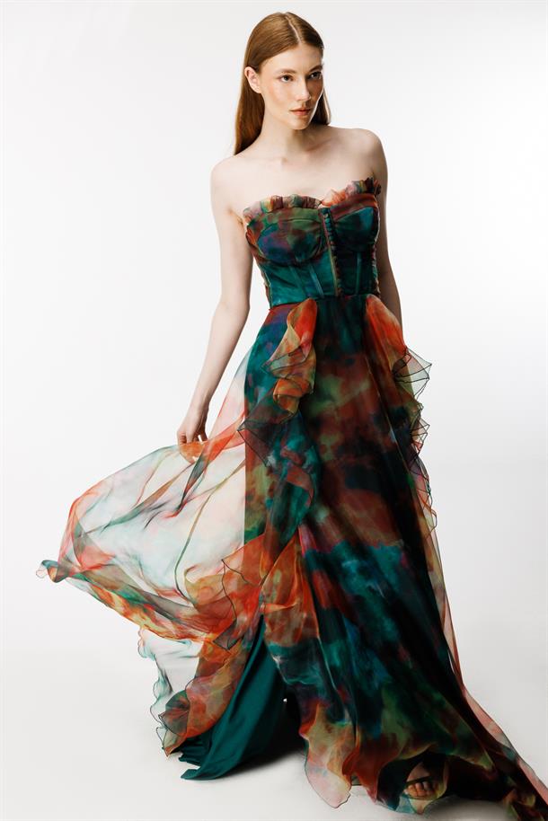 Eteği Volanlı Renk Geçişli Straplez Abiye-YEŞİL