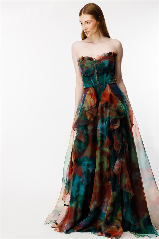 Eteği Volanlı Renk Geçişli Straplez Abiye-YEŞİL