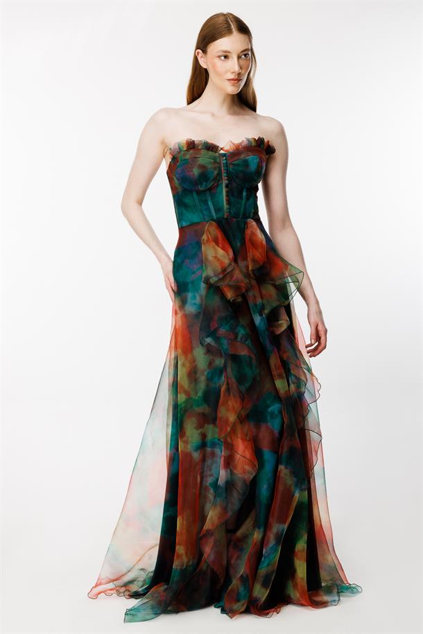 Eteği Volanlı Renk Geçişli Straplez Abiye-YEŞİL