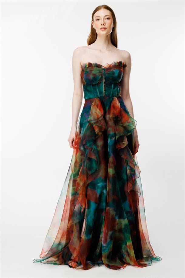 Eteği Volanlı Renk Geçişli Straplez Abiye-YEŞİL