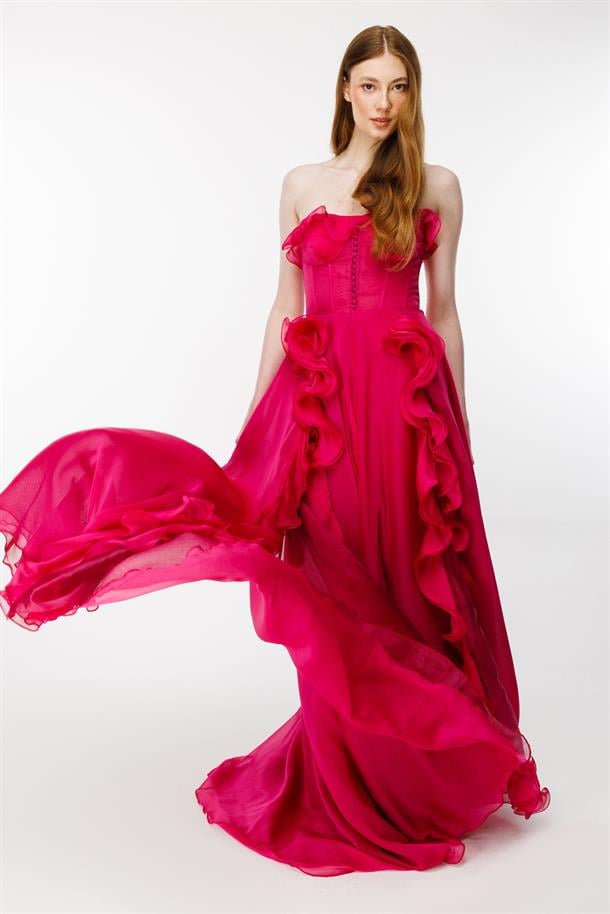 Eteği Volanlı Straplez Abiye-FUJYA