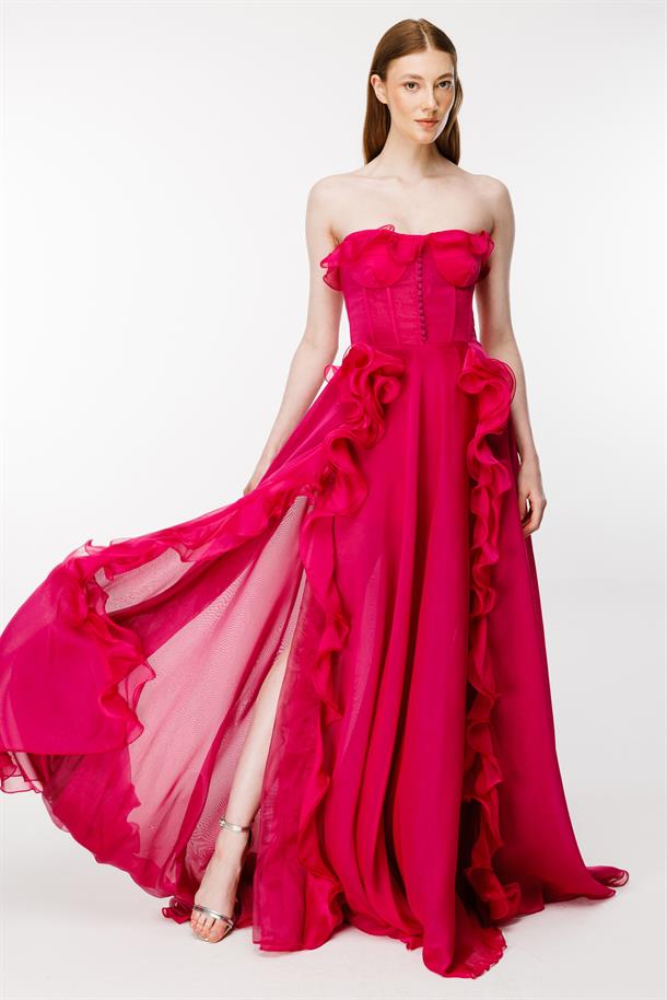 Eteği Volanlı Straplez Abiye-FUJYA