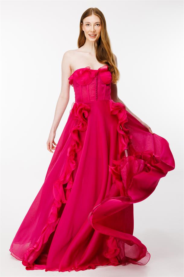 Eteği Volanlı Straplez Abiye-FUJYA