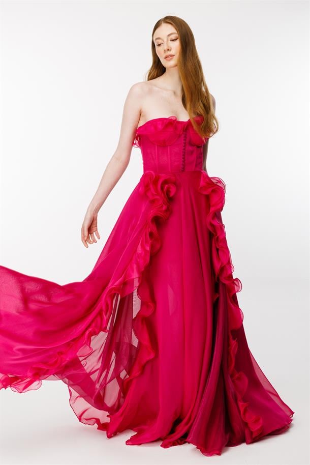 Eteği Volanlı Straplez Abiye-FUJYA