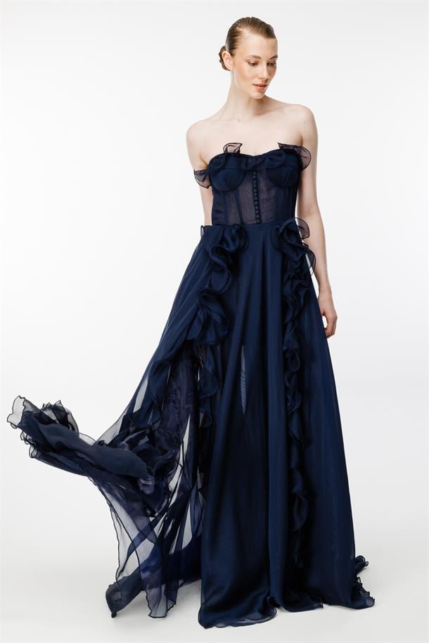 Eteği Volanlı Straplez Abiye-LACI