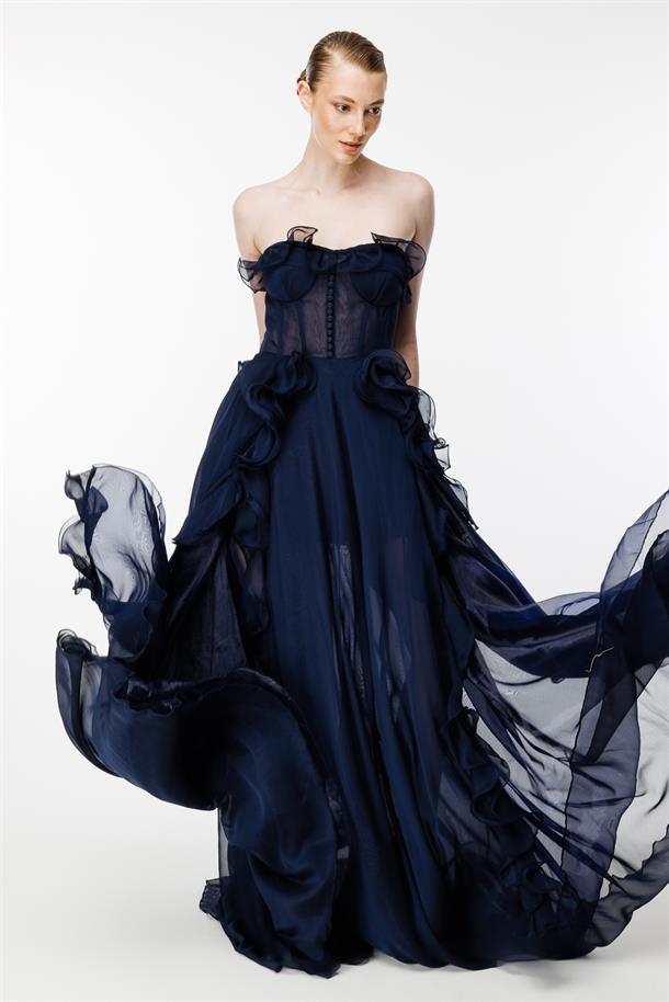 Eteği Volanlı Straplez Abiye-LACI