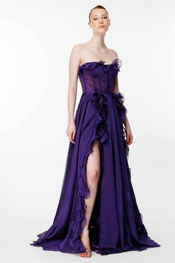 Eteği Volanlı Straplez Abiye-MOR