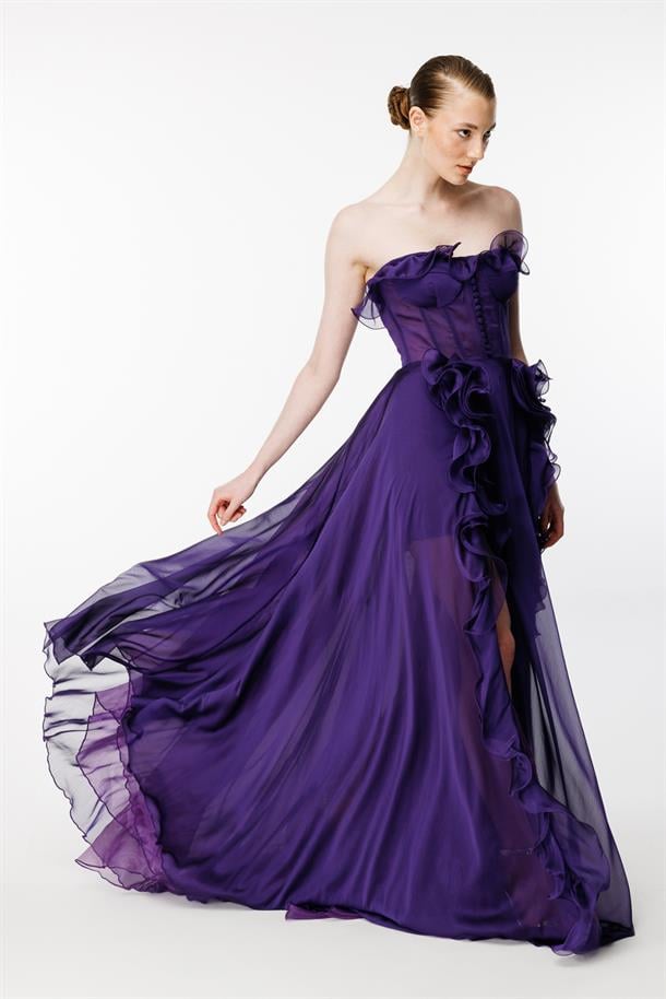 Eteği Volanlı Straplez Abiye-MOR