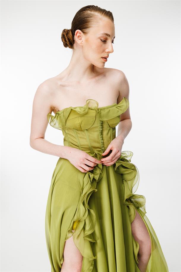 Eteği Volanlı Straplez Abiye-Y.YEŞİLİ