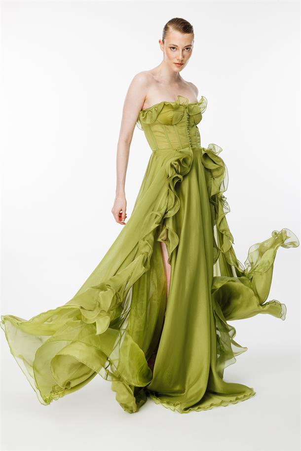 Eteği Volanlı Straplez Abiye-Y.YEŞİLİ