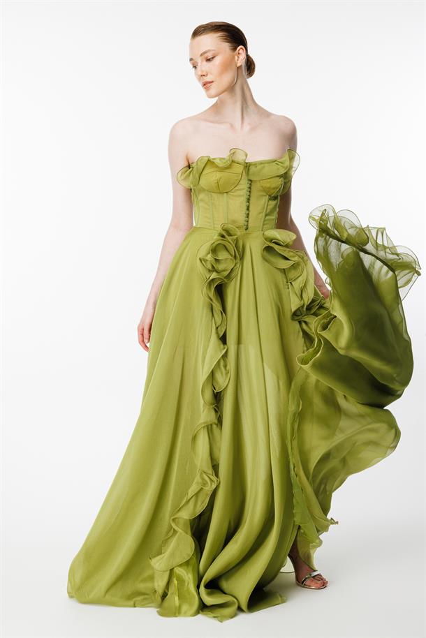 Eteği Volanlı Straplez Abiye-Y.YEŞİLİ