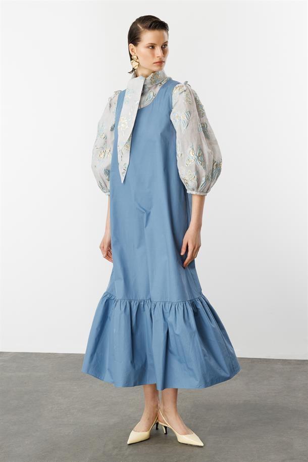 Eteği Volanlı Uzun Elbise-İNDİGO