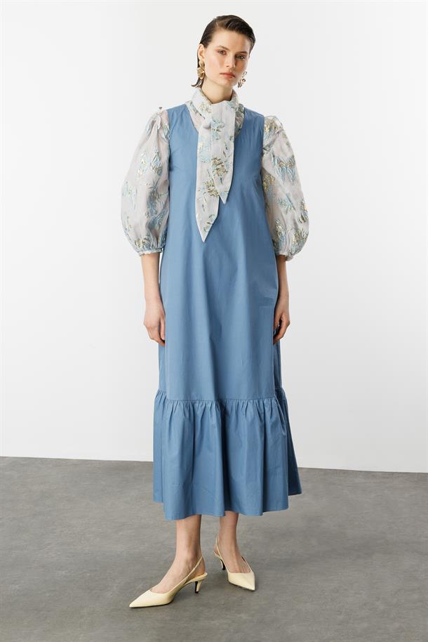 Eteği Volanlı Uzun Elbise-İNDİGO