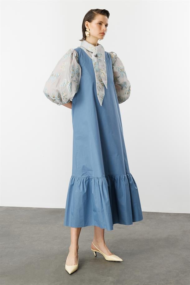 Eteği Volanlı Uzun Elbise-İNDİGO