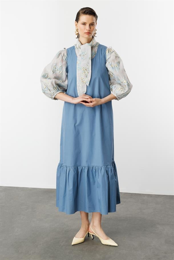 Eteği Volanlı Uzun Elbise-İNDİGO