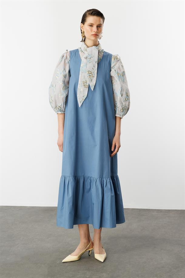 Eteği Volanlı Uzun Elbise-İNDİGO