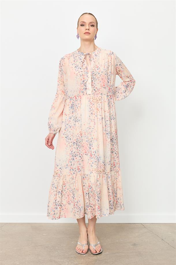 Eteği Volanlı Uzun Şifon Elbise-KIRMIZI