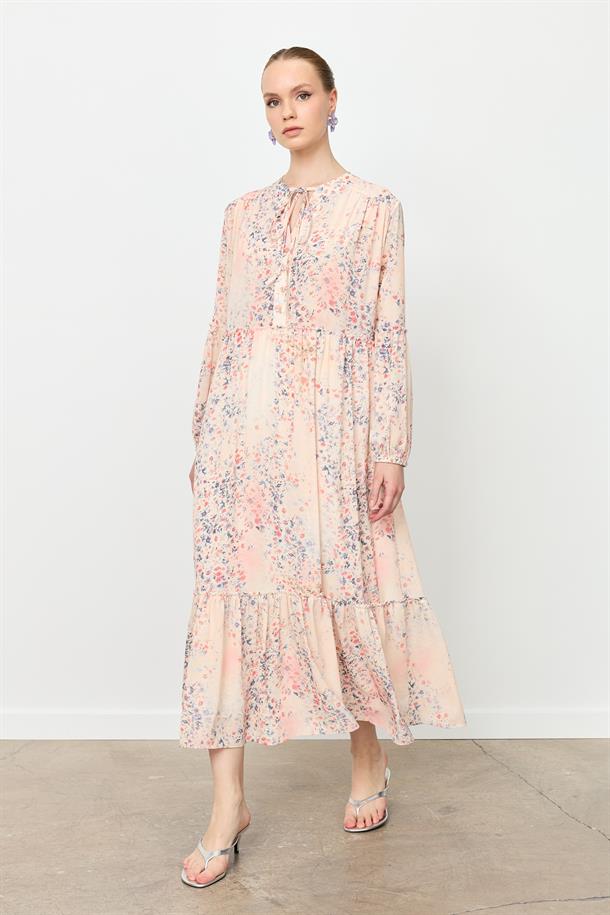 Eteği Volanlı Uzun Şifon Elbise-KIRMIZI