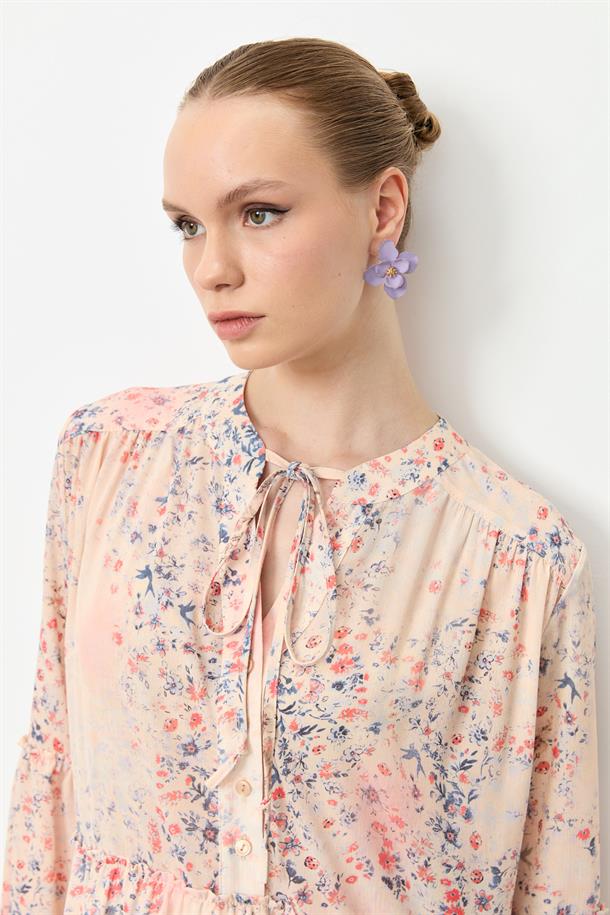 Eteği Volanlı Uzun Şifon Elbise-KIRMIZI