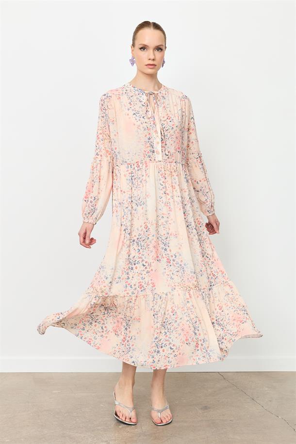 Eteği Volanlı Uzun Şifon Elbise-KIRMIZI