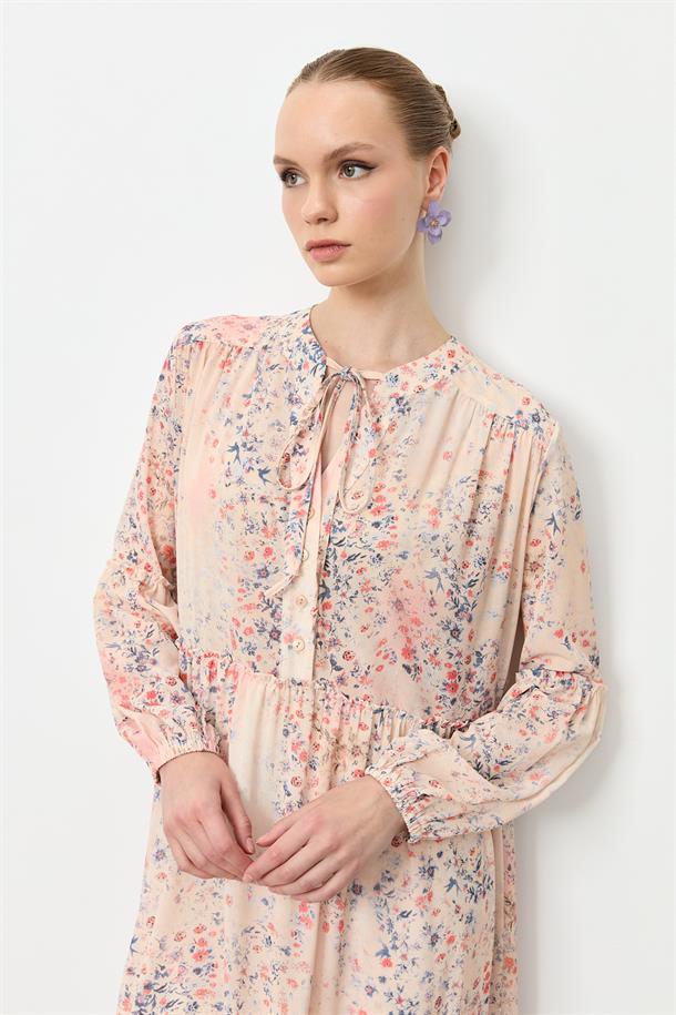 Eteği Volanlı Uzun Şifon Elbise-KIRMIZI