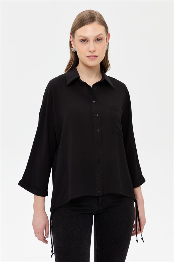 Etek Ucu Büzgülü Gömlek-SİYAH